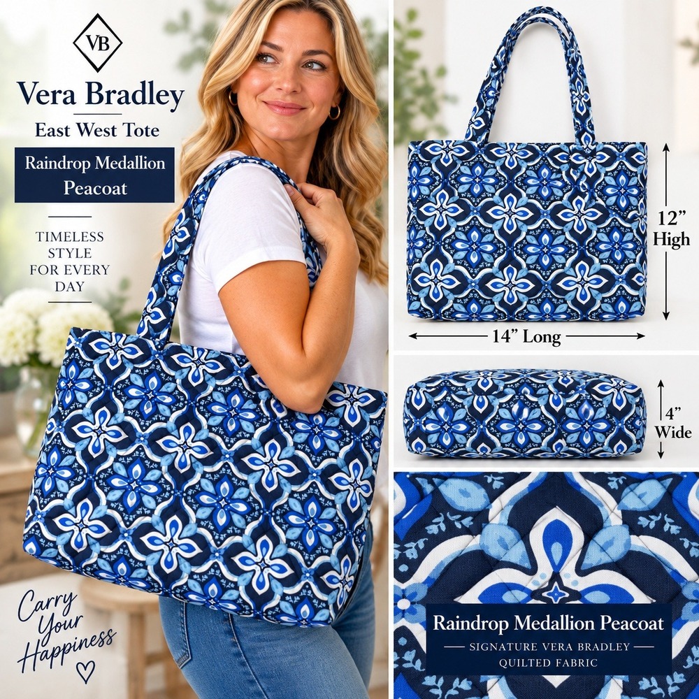 Vera Bradley East West Tote Raindrop Medallion Peacoat Quilted Bag New